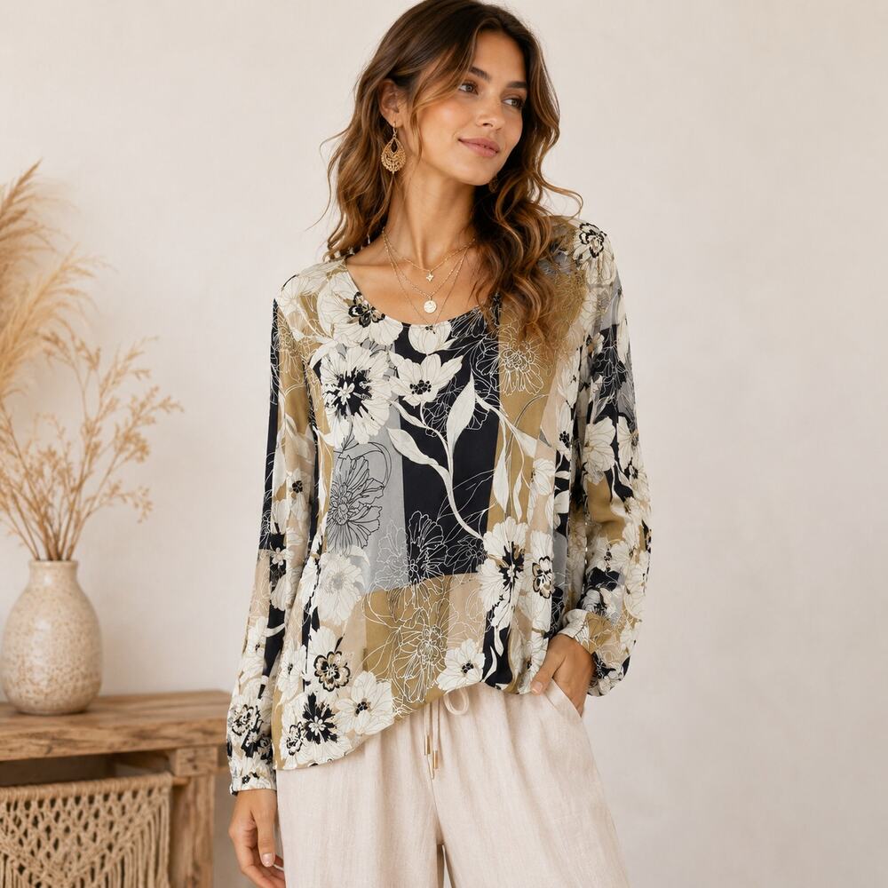 Susan Graver Liquid Knit Blouse Women's Size L NWOT Brown Black Florol Office